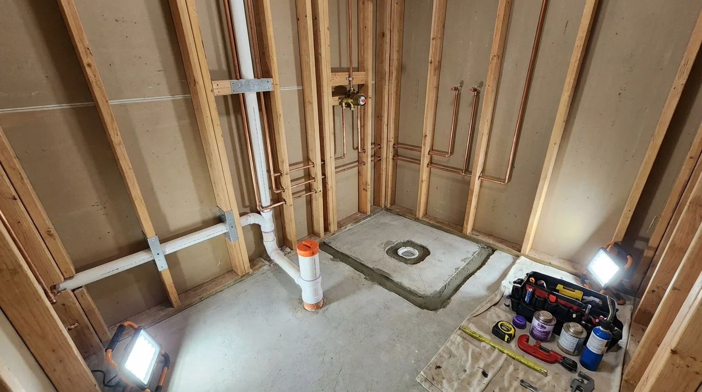 Bathroom rough-in plumbing during remodel by Johns Plumbing LLC in Lake Nebagamon