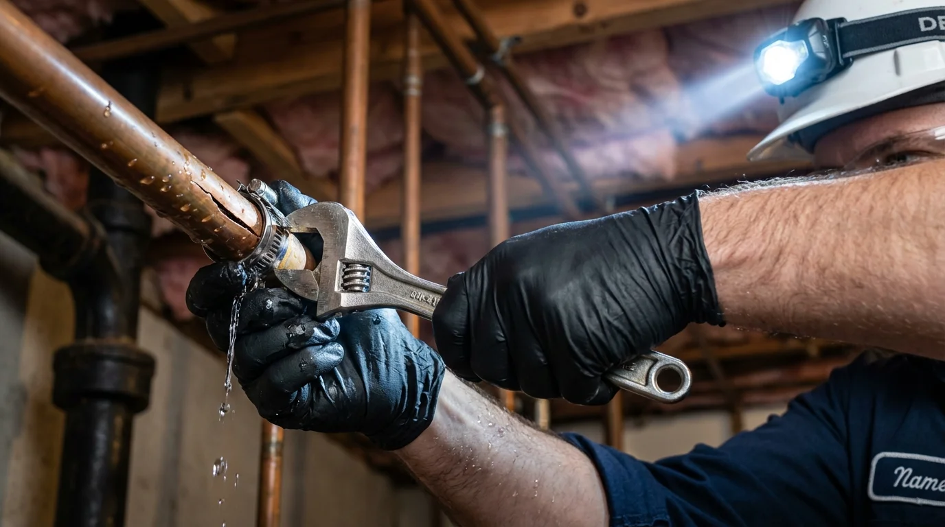 Emergency pipe clamp repair being performed by a Johns Plumbing LLC plumber in Lake Nebagamon