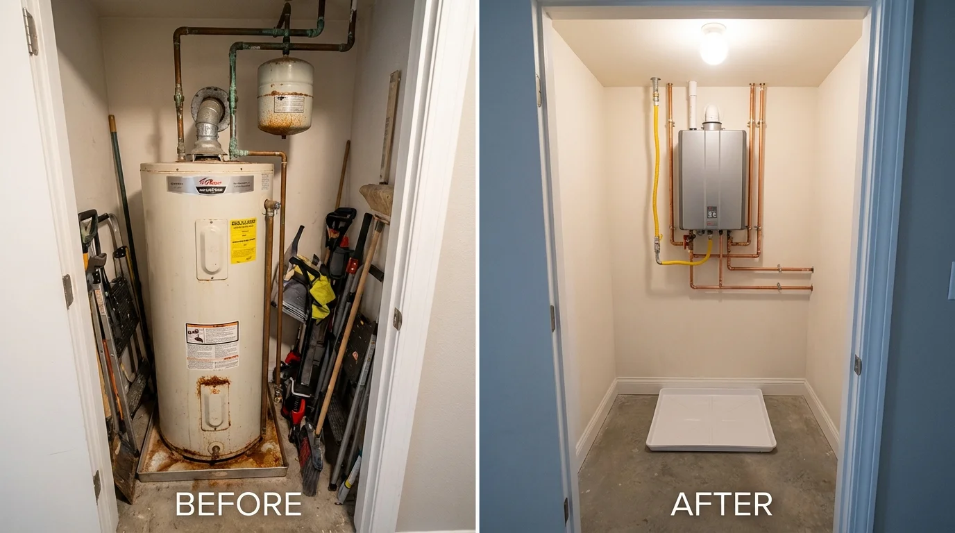 Tank water heater versus wall-mounted tankless unit comparison for Lake Nebagamon, WI homeowners