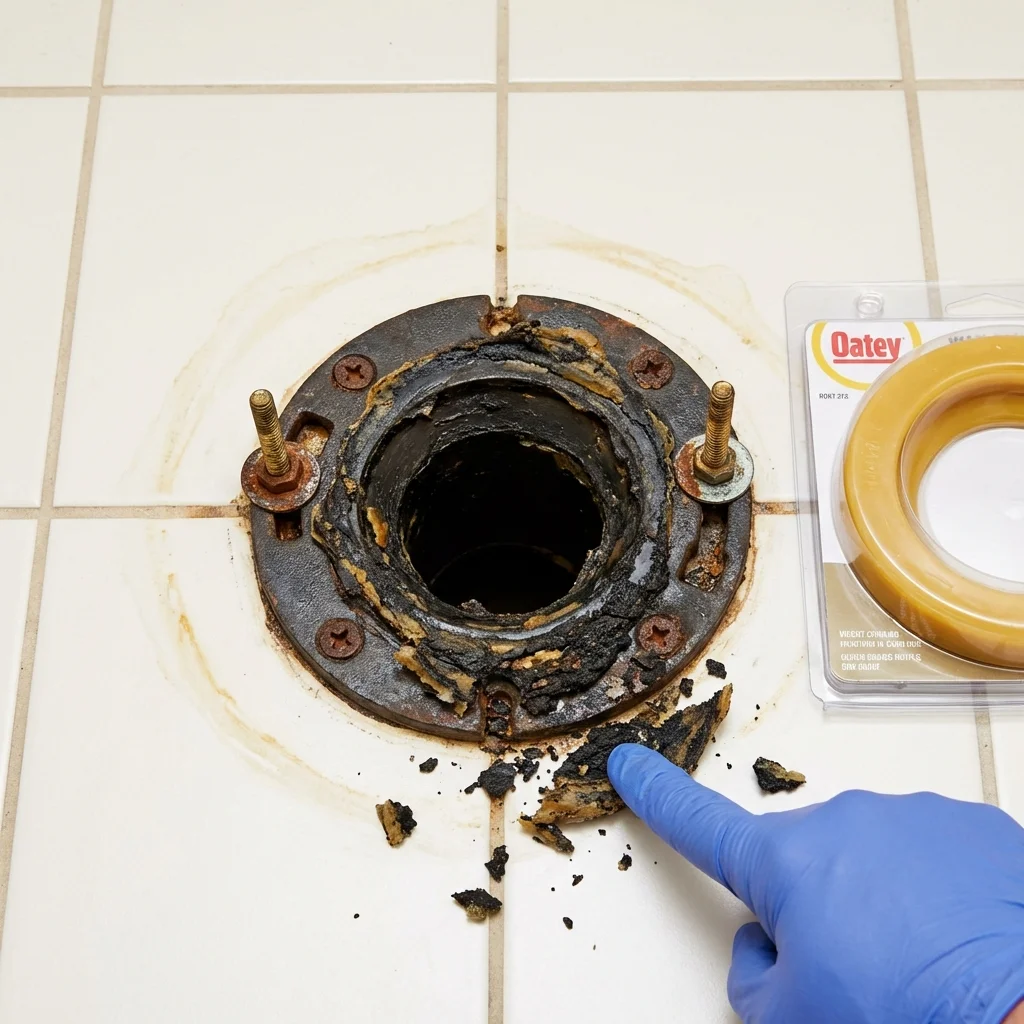 Failed wax ring showing water seepage at the base of a toilet in a Lake Nebagamon, WI home