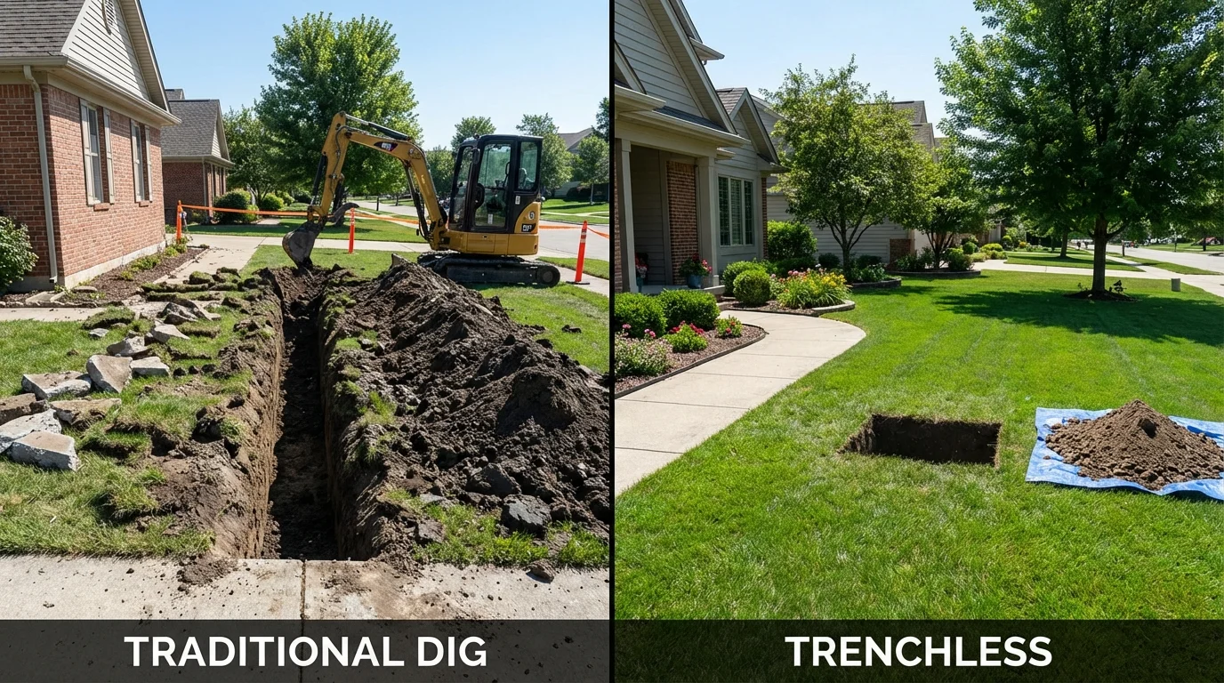 Trenchless sewer repair with minimal yard damage versus traditional excavation in Lake Nebagamon, WI