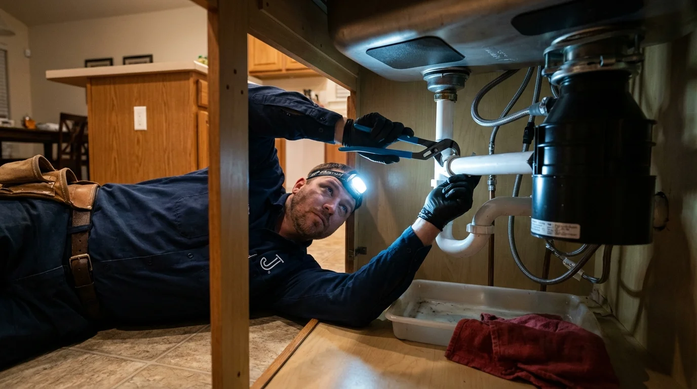 P-trap and supply line connections under a kitchen sink showing a common leak point in Lake Nebagamon, WI